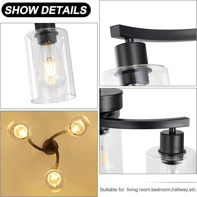 CNRATYE 3-Light Modern Farmhouse Black Pendant Lights Kitchen Island, Adjustable Height Contemporary Chandeliers for Dining Room Light Fixture Hanging, Clear Glass Shade