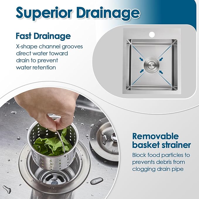 ROVOGO 15 inch Drop in Bar Sink 304 Stainless Steel, 15"x17" Single Bowl Small Kitchen Sink with 1-Hole & Drain Assembly, 8" Deep Wet-Bar/Prep Sink, Brushed