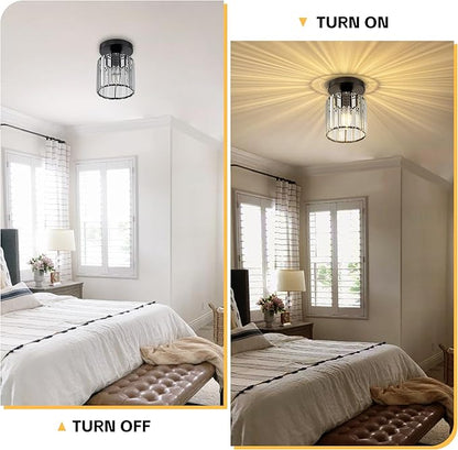 Crystal Ceiling Light, Modern Industrial Semi Flush Mount Ceiling Light Fixtures, E26 Black Indoor Lighting Fixture for Hallway, Entryway, Bathroom, Kitchen, Dining Room, 1-Light
