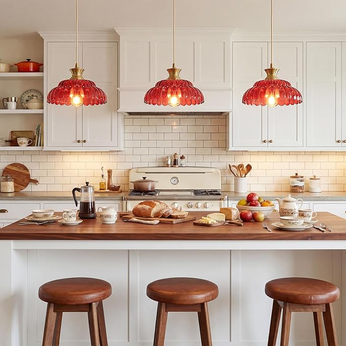 Red Glass Pendant Light, 11.8" Vintage Pendant Lighting Brushed Gold Glass Light Fixtures Red Chandelier Modern Hanging Ceiling for Dining Room Kitchen Island Sink Bedroom Foyer Entryway