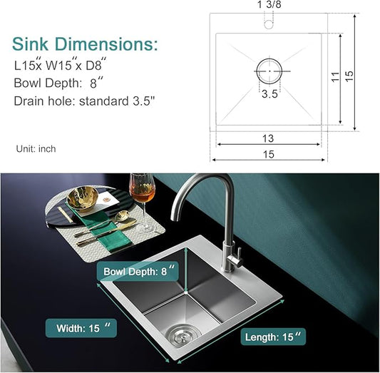 15 inch Drop in Bar Sink, Small Topmount Kitchen Sink Single Bowl, Handmade T-304 Stainless Steel Overmount Kitchen Bar Sink with Basket Strainer