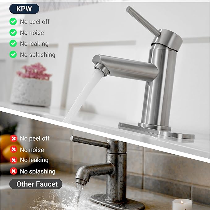 Brushed Nickel Bathroom Sink Faucets Single Hole Single Handle Stainless Steel Bathroom Faucet RV Faucet Deck Mount 1 Hole or 3 Holes with Pop-up Drains with Overflow