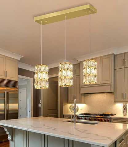 3-Lights Rectangle Modern Crystal Pendant Lights for Kitchen Island LED Dimmable Glam Pendant Lighting Chandelier for Dining Room Hallway Corner Lamp Gold