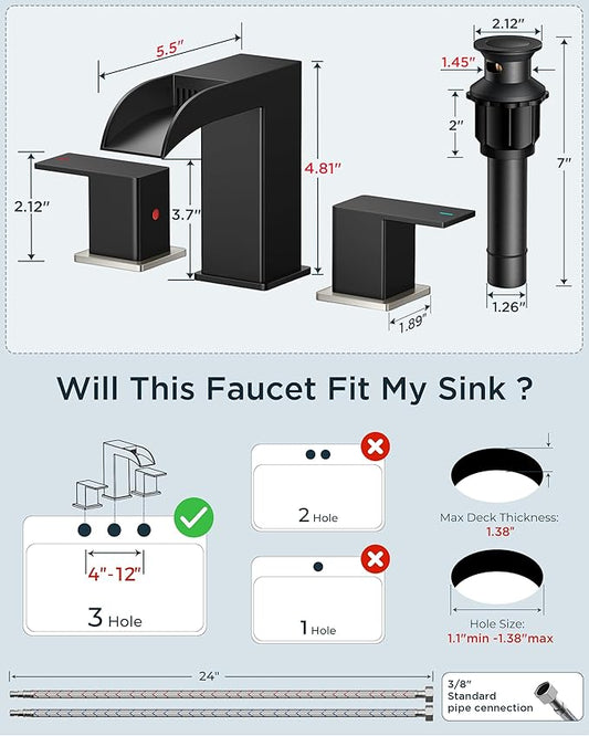FORIOUS Square Black and Brushed Nickel Bathroom Faucets 3 Hole, Waterfall 8 Inch Widespread Bathroom Sink Faucet with Metal Pop-up Drain and Supply Lines, Two Handles for Vanity, Laundry Room, Basin