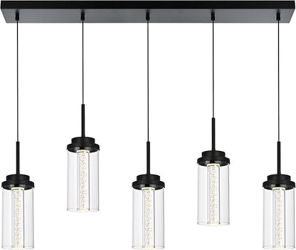 MELUCEE Modern Chandelier for Dining Room 5-Light Dimmable LED Pendant Light with Clear Glass Shade, 3000K-6000K Adjustable Color Temperature Linear Island Lights for Kitchen Dining Table, 25W, Black