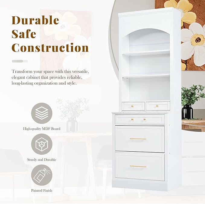 Modern 83.7inch High Kitchen Pantry Freestanding Tall Hutch with Faux Marble Top Display Cupboard with 5 Storage Drawers Practical(White)