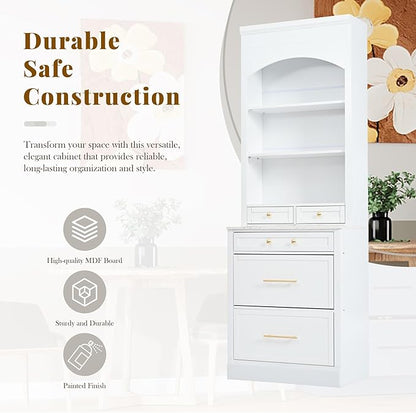 Modern 83.7inch High Kitchen Pantry Freestanding Tall Hutch with Faux Marble Top Display Cupboard with 5 Storage Drawers Practical(White)