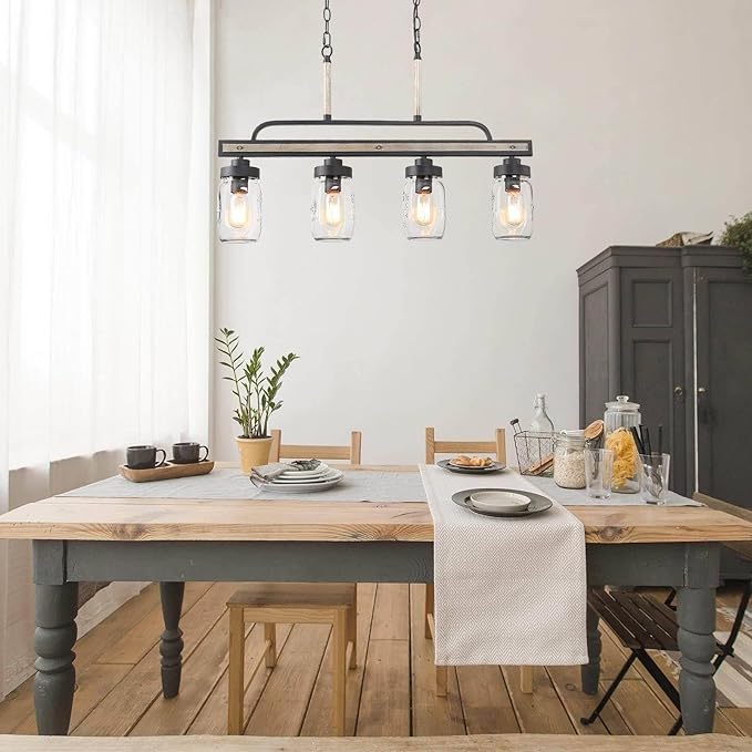 LOG BARN Farmhouse Chandeliers for Dining Room, 4-Light Rustic Mason Jar Chandelier Light Fixture, 30" L Faux Wood Kitchen Island Pendant Lighting