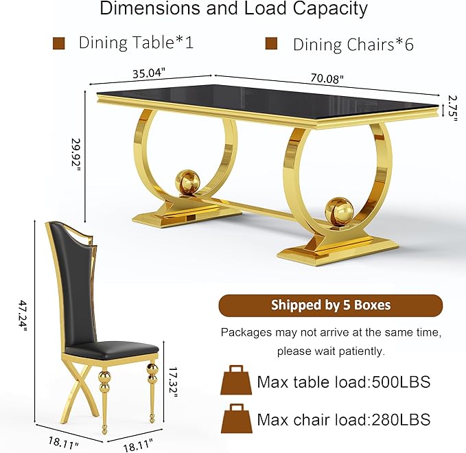 7-Piece Modern Dining Table Set, 70" Back Tempered Glass Kitchen Table with Gold Polished Stainless Steel U-Shaped Pedestal Base and 6 Black High Back Chairs with X-Shaped Legs, for Dining Room