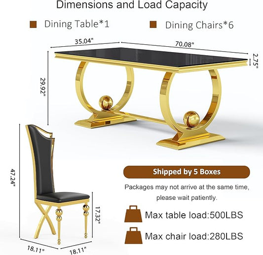 7-Piece Modern Dining Table Set, 70" Back Tempered Glass Kitchen Table with Gold Polished Stainless Steel U-Shaped Pedestal Base and 6 Black High Back Chairs with X-Shaped Legs, for Dining Room