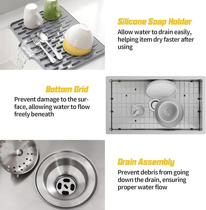 31x18 Inch Stainless Steel Kitchen Sink-Undermount Single Bowl Drop In Kitchen Sink Stylish And Modern Look Come With Bottom Grid,Silicon Mat And Drain Assembly Add Elegance & Enhance Usability
