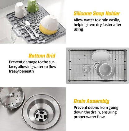 31x18 Inch Stainless Steel Kitchen Sink-Undermount Single Bowl Drop In Kitchen Sink Stylish And Modern Look Come With Bottom Grid,Silicon Mat And Drain Assembly Add Elegance & Enhance Usability