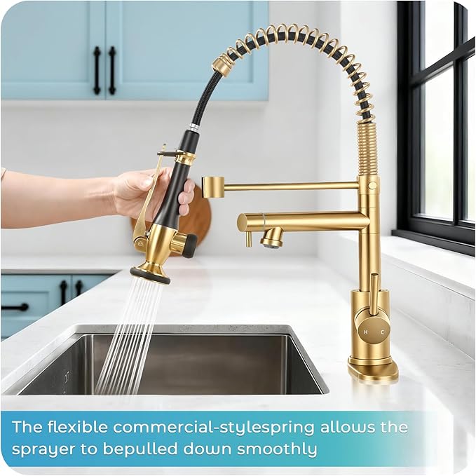 Kitchen Faucet with Pull Down Sprayer - Brushed Gold Single Handle Commercial Kitchen Faucets, 2-Spout Stainless Steel Spring Pull Out Kitchen Sink Faucet 1/3 Hole with Deck Plate