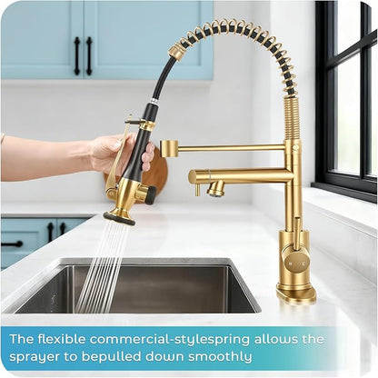 Kitchen Faucet with Pull Down Sprayer - Brushed Gold Single Handle Commercial Kitchen Faucets, 2-Spout Stainless Steel Spring Pull Out Kitchen Sink Faucet 1/3 Hole with Deck Plate