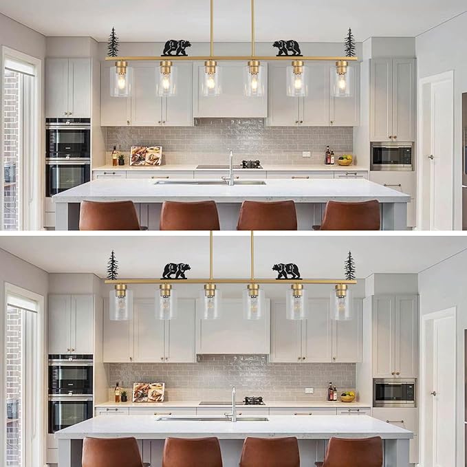 Gold Dining Room Light Fixture/Chandelier Over Table,6-Light Kitchen Island Lighting Hanging for Farmhouse Linear Chandeliers Ceiling Pendant Light Fixtures with Clear Glass Shade