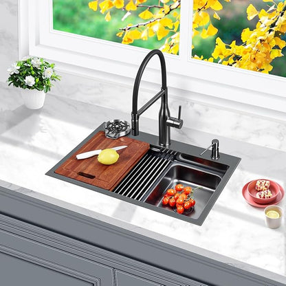 FRANIC 26" Handmade Black Bar Workstation Sink, 26" x 18" x 8" Stainless Steel Matte Nano Black Topmount Single Bowl Small Kitchen Outdoor Sink