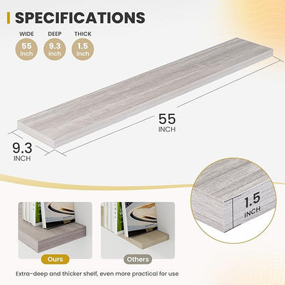 Acovy 55 Inch Floating Shelves, 9.3" Deep Floating Shelf Wall Mounted, 56" Wall Shelves, Rustic Deep Bookshelf, Large Display Shelves & Storage Shelves for Bedroom, Living Room, Grey, Set of 2