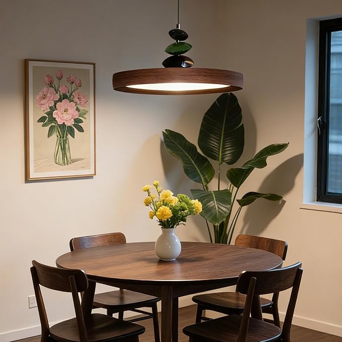 Mikeru Modern Pendant Lights, 15.8" Wood Grain Finish Pendant Lighting Fixture with Remote Control Dimmable 3 Color Mode & Brightness Mid Century Island Light Fixture for Dining Room,Living Room
