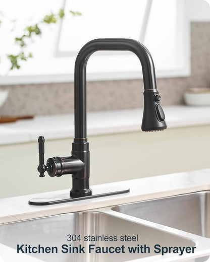 3 Modes Oil Rubbed Bronze Kitchen Faucet with Pull Down Sprayer, 360 Degree Swivel Kitchen Sink Faucets Suit 1 Hole or 3 Hole Include Deck Plate & Hoses