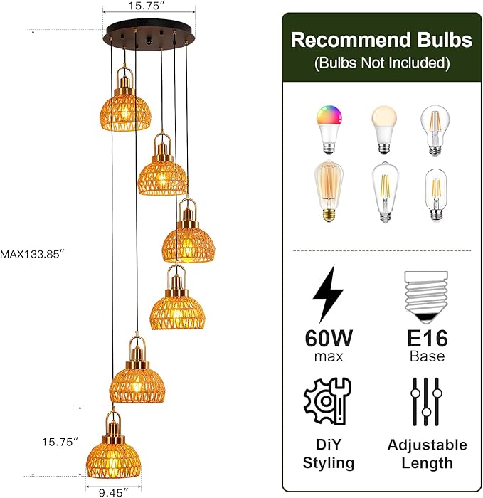 Modern Boho Gold Rattan Pendant Light 6-Lights Vintage Farmhouse Rattan Pendant Light Fixture Hand Woven Golden Bamboo Wicker Pendant Lights for Kitchen Stairwell, Entryway, Living Room