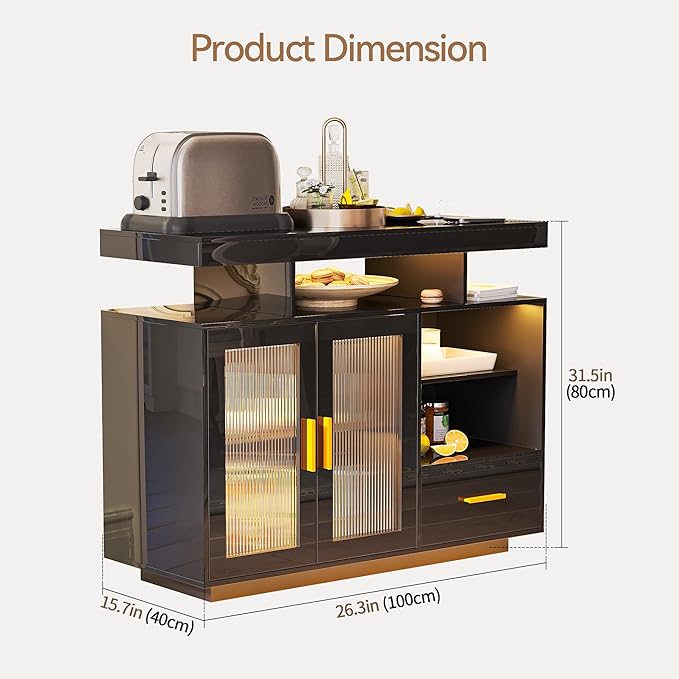 40" Wood LED Coffee Bar with Wireless Charging Station, Kitchen Storage Coffee Bar Cabinet with 2 Doors and 2 Shelves, RGB Modern Side Board Storage Cabinet for Kitchen(Black)