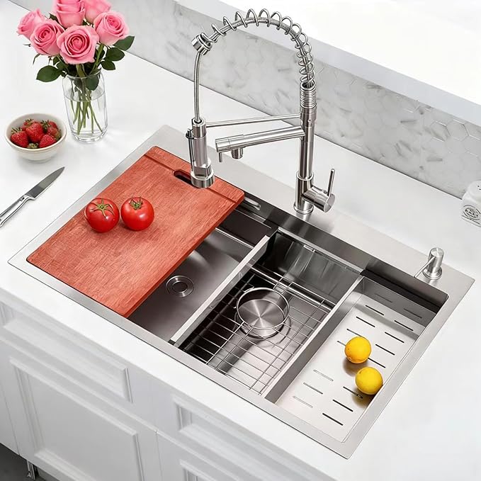 Kitchen Sink 33x22 Drop In Kitchen Sinks with Faucet Combo 33 inch Large Single Bowl Stainless Sink Modern Workstation Deep Kitchen Sink