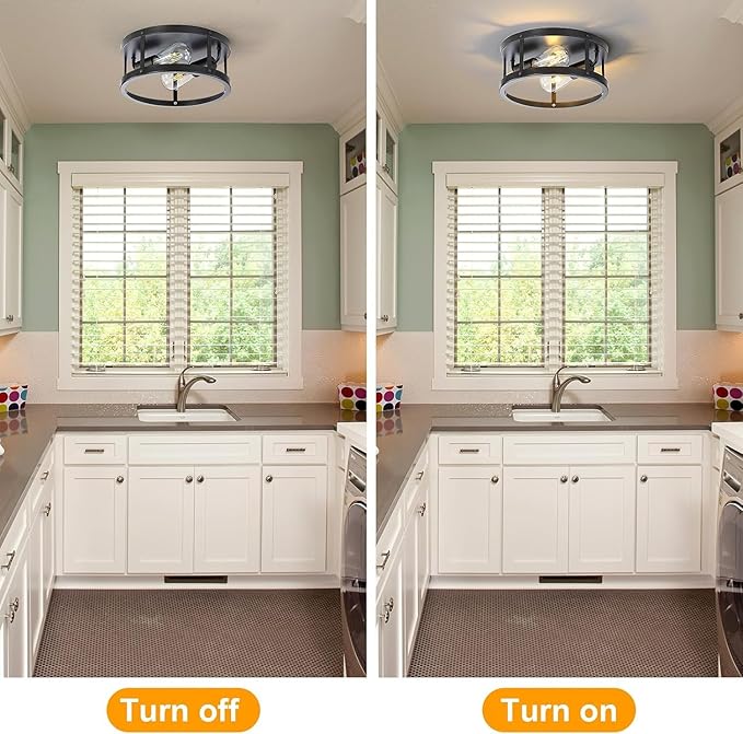 2 Pack Flush Mount Ceiling Lights, Black Metal Close to Ceiling Light Fixtures, Farmhouse 11 Inch Industrial Indoor Ceiling Lamp for House Kitchen Bedroom Hallway