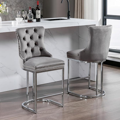26" Counter Height Bar Stools Set of 2, Gray Velvet Upholstered Kitchen Island Chairs with Button Back, Rivet Trim, Sturdy Chromed Metal Base, Ergonomic High Back for Dining Room