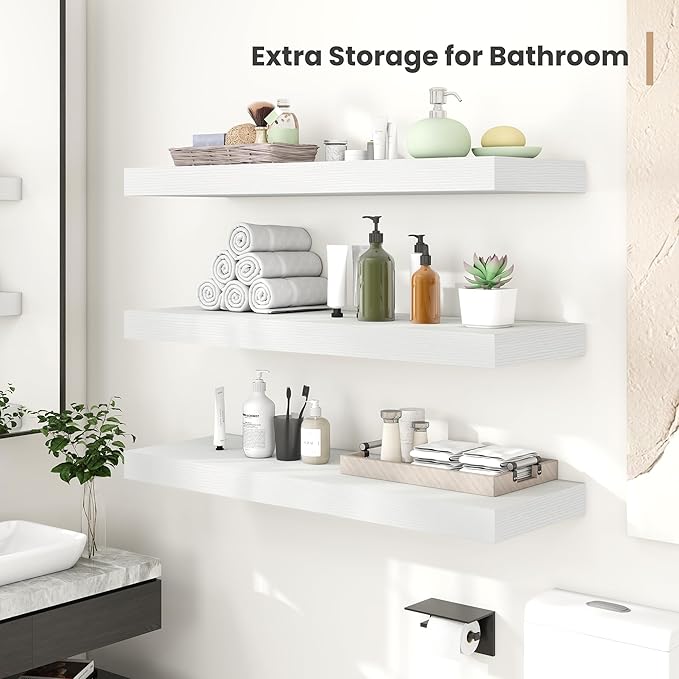 Heimlove 24 x 12 Inch Deep Floating Shelves Wall Mounted with Invisible Brackets, Storage Hanging Shelf for Wall Decor in Bathroom, Bedroom, Toilet, Kitchen, Living Room, Office, Set of 2, White