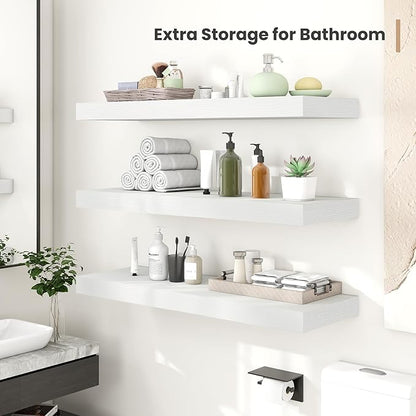 Heimlove 12 Inch Deep Floating Shelves,Large Display Shelf & Storage Shelf,Rustic Wood Wall Shelves,48" W x 12" D x 2" H,Set of 2,White
