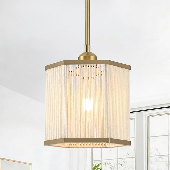Hand-Woven Rattan Pendant Light with Gold Trim, 7.67" Boho Hexagonal Hanging Pendant Light Fixture, Coastal Mini Ceiling Lights for Kitchen Sink, Entryway, Bathroom, 1-Light, E26 Base, Gold