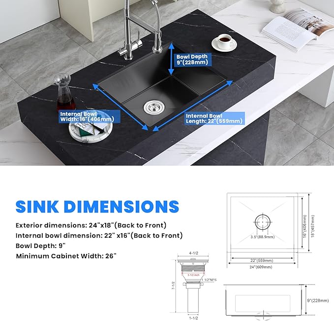 POPFLY 24-Inch Undermount Kitchen Sink, 18 Gauge SUS304 Stainless Steel Handmade 24 x 18 Inches Under Mount Single Bowl 9“ Deep PVD Bar Sinks, Black