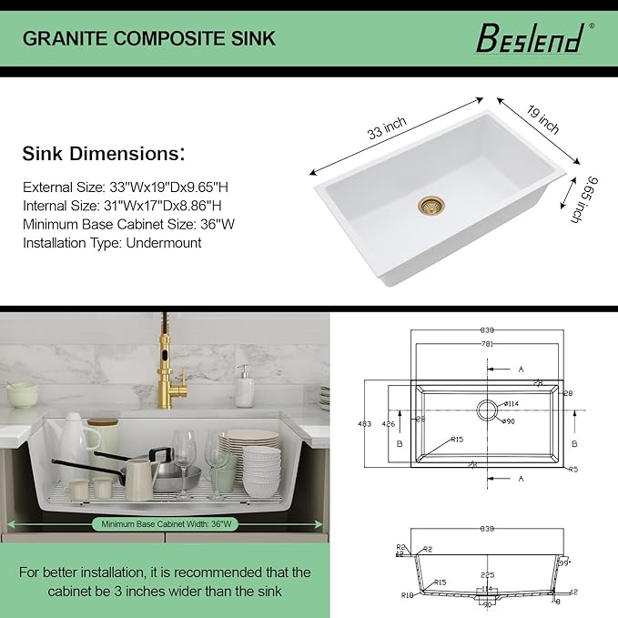 33 Granite Composite Kitchen Sink - Beslend 33x19 Inch Granite Kitchen Sink Undermount White Quartz Sink Classic Under Counter Single Bowl Sink Basin