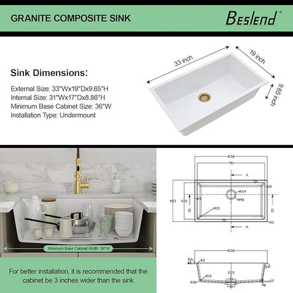 33 Granite Composite Kitchen Sink - Beslend 33x19 Inch Granite Kitchen Sink Undermount White Quartz Sink Classic Under Counter Single Bowl Sink Basin