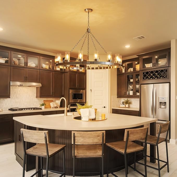 WUZUPS 15-Light Wagon Wheel Chandelier Large Rustic Farmhouse Industrial Round Pendant Light Fixture with Clear Seeded Glass Shades for Dining Room Kitchen Island, H 29.5" x W 46.5", Brushed Nickel