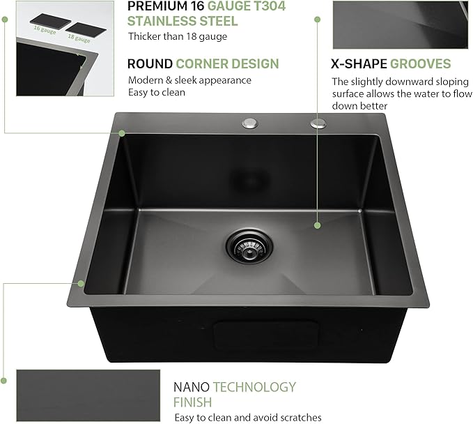 28 Drop In Black Kitchen Sink - Beslend 28x22 Drop In Black Sink 16 Gauge Stainless Steel Gunmetal Black Kitchen Sinks Topmount Deep Single Bowl Dish Basin 28"x22"x10"