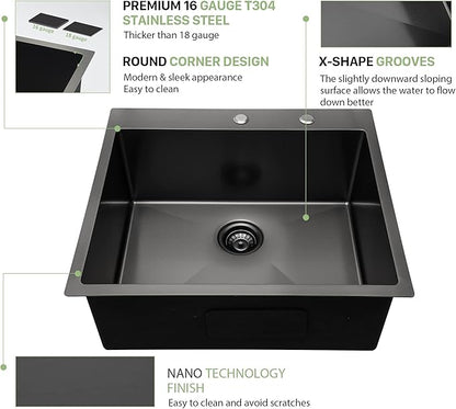 28 Drop In Black Kitchen Sink - Beslend 28x22 Drop In Black Sink 16 Gauge Stainless Steel Gunmetal Black Kitchen Sinks Topmount Deep Single Bowl Dish Basin 28"x22"x10"