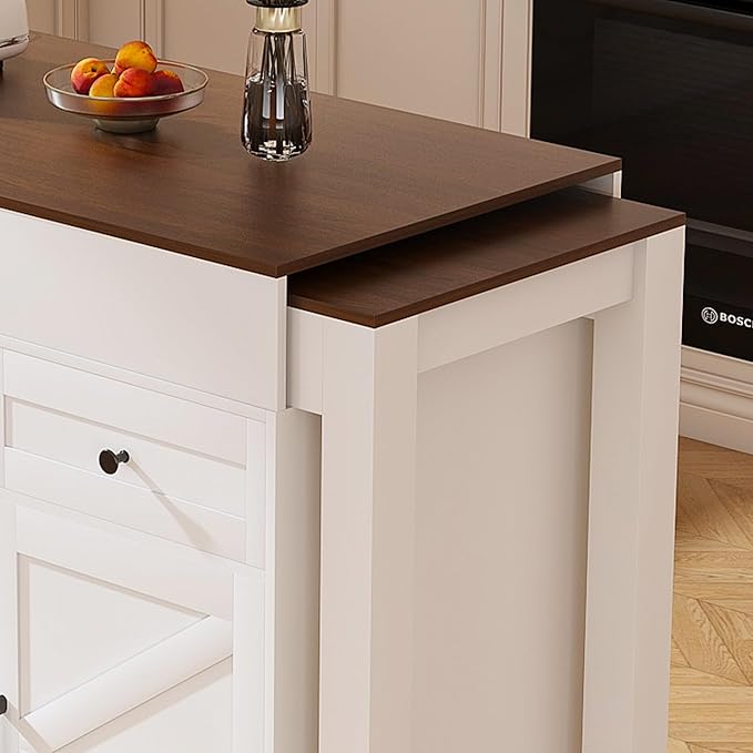 74.8" Kitchen Island with Extendable Dining Table & Power Outlet, Rolling Storage Cart on Wheels with 3 Drawers & 2-Door Cabinet for Dining Room, White
