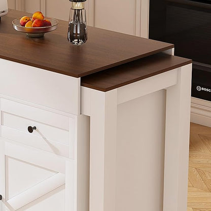 74.8" Kitchen Island with Extendable Dining Table Power Outlet Rolling Storage Cart on Wheels with 3 Drawers 2 Door Cabinet for Dining Room, White