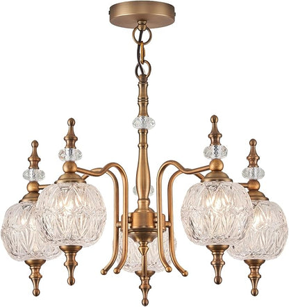 Chandeliers Vintage 5 Lights Brass Glass Pendant Lighting Fixtures Rustic Style Chandelier Matte Brushed Antique Brass Finish with Crystal Glass Shade for Kitchen Island Farmhouse