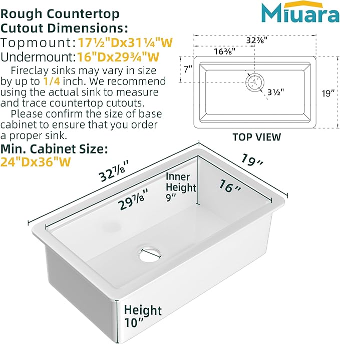 Miuara White Undermount Workstation Kitchen Sink 33 Inch - Large Topmount Fireclay Drop In Sink 33"x19"x10", Dual Mount Heavy Duty Deep Single Bowl, with 4 Custom Accessories, for Kitchen, Island