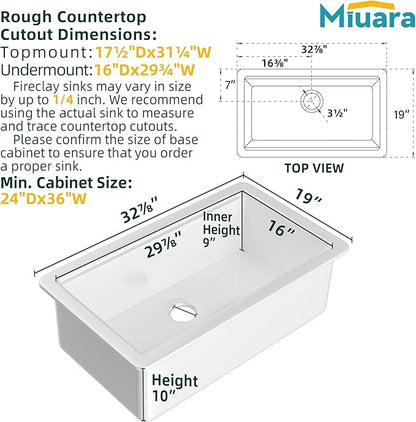 Miuara White Undermount Workstation Kitchen Sink 33 Inch - Large Topmount Fireclay Drop In Sink 33"x19"x10", Dual Mount Heavy Duty Deep Single Bowl, with 4 Custom Accessories, for Kitchen, Island