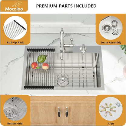 Mocoloo 28 Inch Drop In Kitchen Sink - 28 x 18 Stainless Steel Kitchen Sinks Topmount 16 Gauge Single Bowl Above Counter Handmade Sink, 10'' Deep Basin