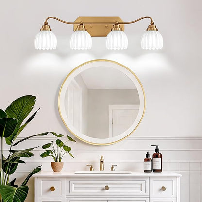 Vintage Bathroom Light Fixtures, Gold Bathroom Vanity Light, Matte Antique Brass Finish with Crystal Glass Shade, Wall Sconces Lighting for Bedroom, Living Room, Hallway (Milk White, 4-Light)