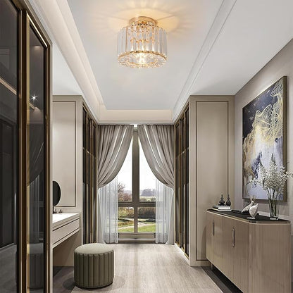 Gold Ceiling Lamp, Semi Flush Mount, Small Crystal, Entryway Chandelier for Dining Room, Bedroom, Kitchen