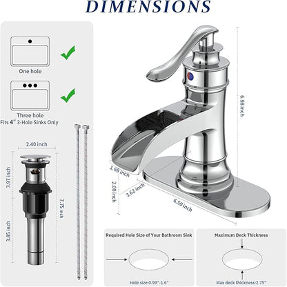 BWE Chrome Waterfall Bathroom Faucet, Single Handle One Hole Sink Faucet with Pop Up Drain and Water Supply Line for Vanity Basin, Solid Brass Construction