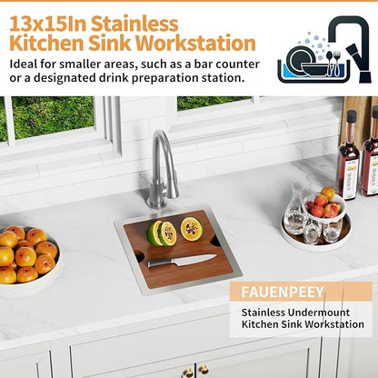 13x15In Kitchen And Bar Workstation Sink- Small Stainless Steel Undermount Single Bowl Bar Sink Built-in Ledge Drop In Workstation Sink With Accessory-SS Grid Cutting Board,Silicon Mat,Drain Assembly