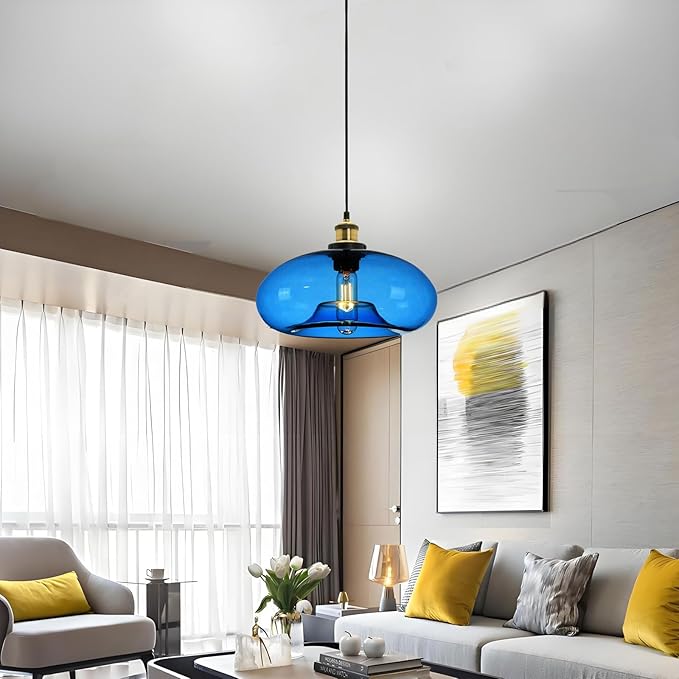 11" Dark Blue Glass Pendant Light Industrial Vintage Design Suitable for Kitchen Island Bedroom Dining Room Adjustable Height E26 Bulb Compatible (Dark Blue)