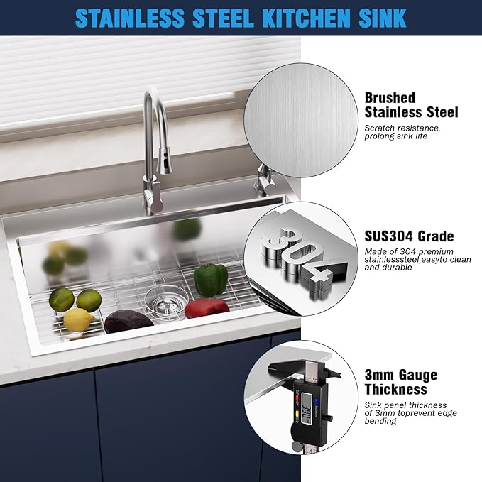 33 Undermount Kitchen Sink Modern - 33x22 Drop-in Kitchen Sinks, 18 Gauge 304 Stainless Steel Workstation Sink, Deep Single Bowl, Dual Mount, Handmade Basin, 9 Inch Deep, Built-In Accessories