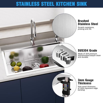 33 Undermount Kitchen Sink Modern - 33x22 Drop-in Kitchen Sinks, 18 Gauge 304 Stainless Steel Workstation Sink, Deep Single Bowl, Dual Mount, Handmade Basin, 9 Inch Deep, Built-In Accessories